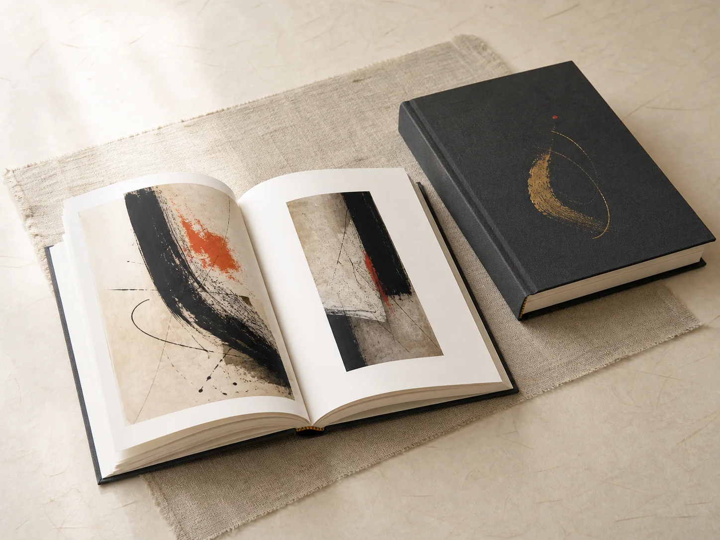 抽象作品を収録した上製本の図録と見開きの作品集